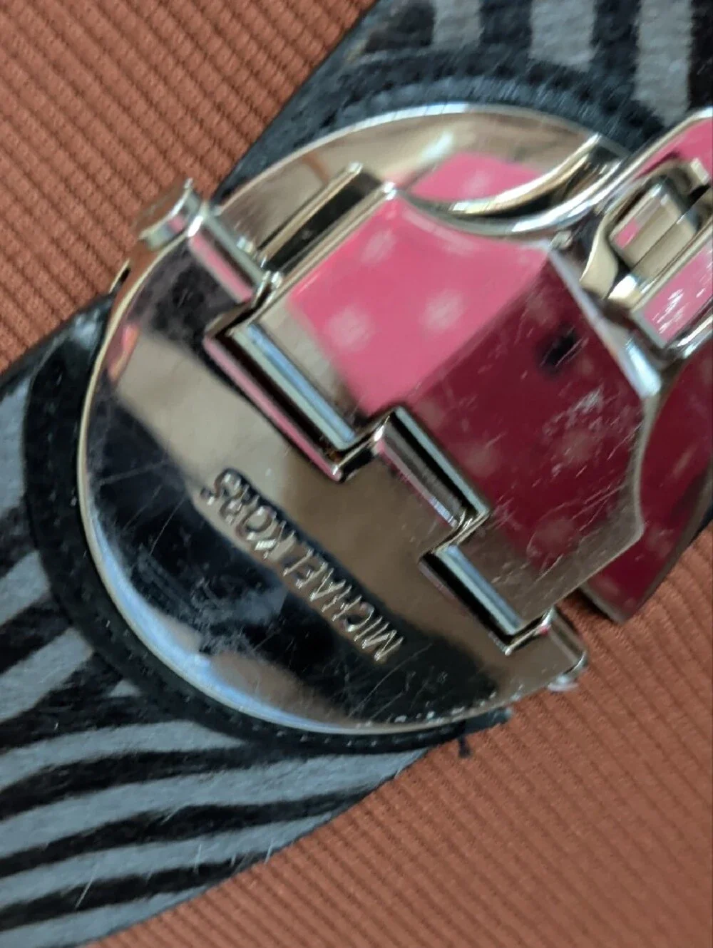 Michael Kors Black and Gray Zebra-Print Wide Waist Belt with Silver-Tone Buckle